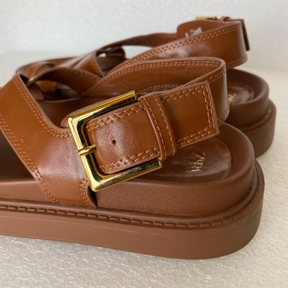 Zara Brown Women's Faux Leather Flat Strappy Sandals Size 36 US 6 - Picture 3 of 13